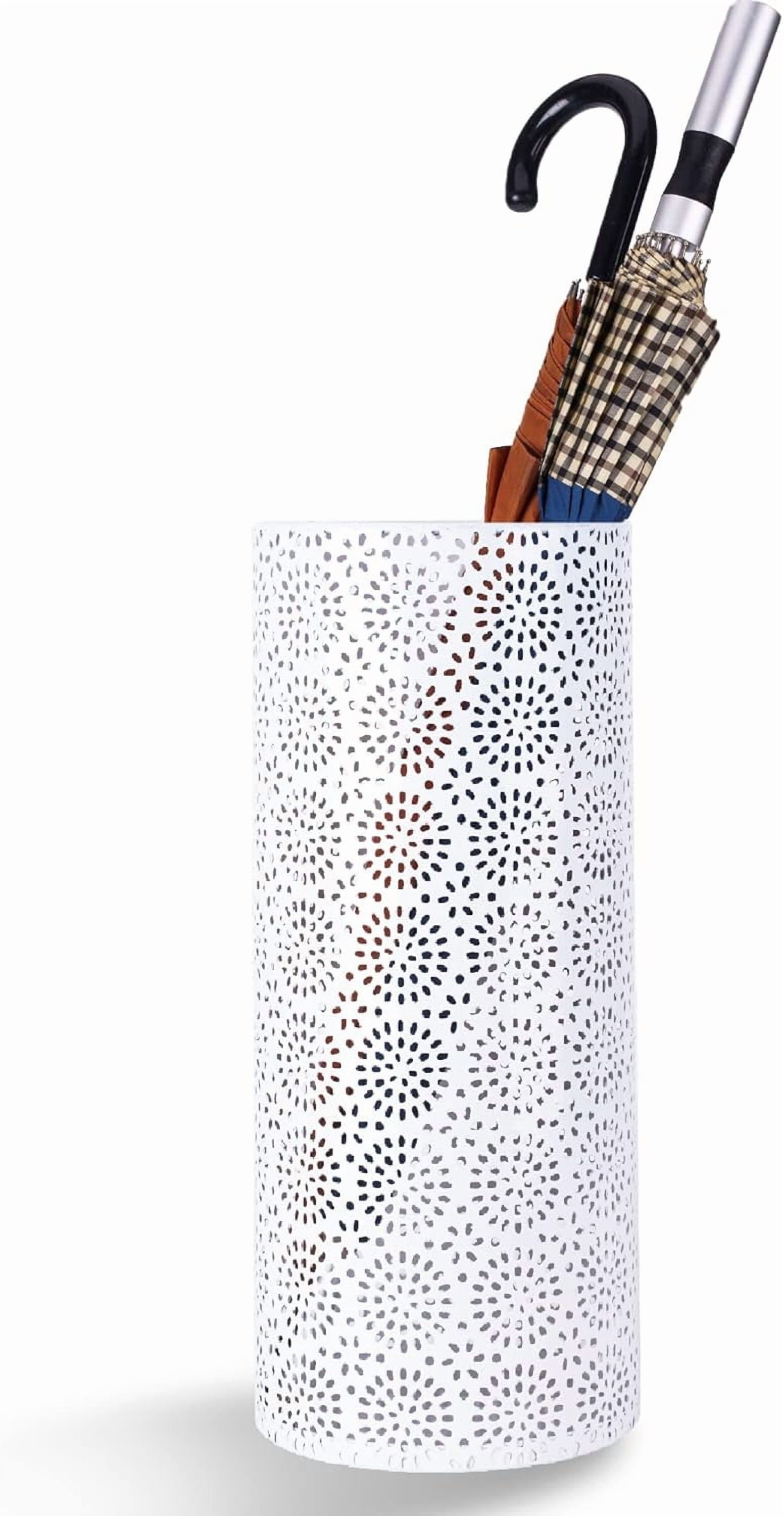 Umbrella Stand Rack for Entryway, Free Standing Metal Umbrella Holder, Round Umbrella Organizer Bin with 3 Hooks for Long Short Umbrella, Walk Stick, Home Office Indoor, 17 x 7 Inch, White