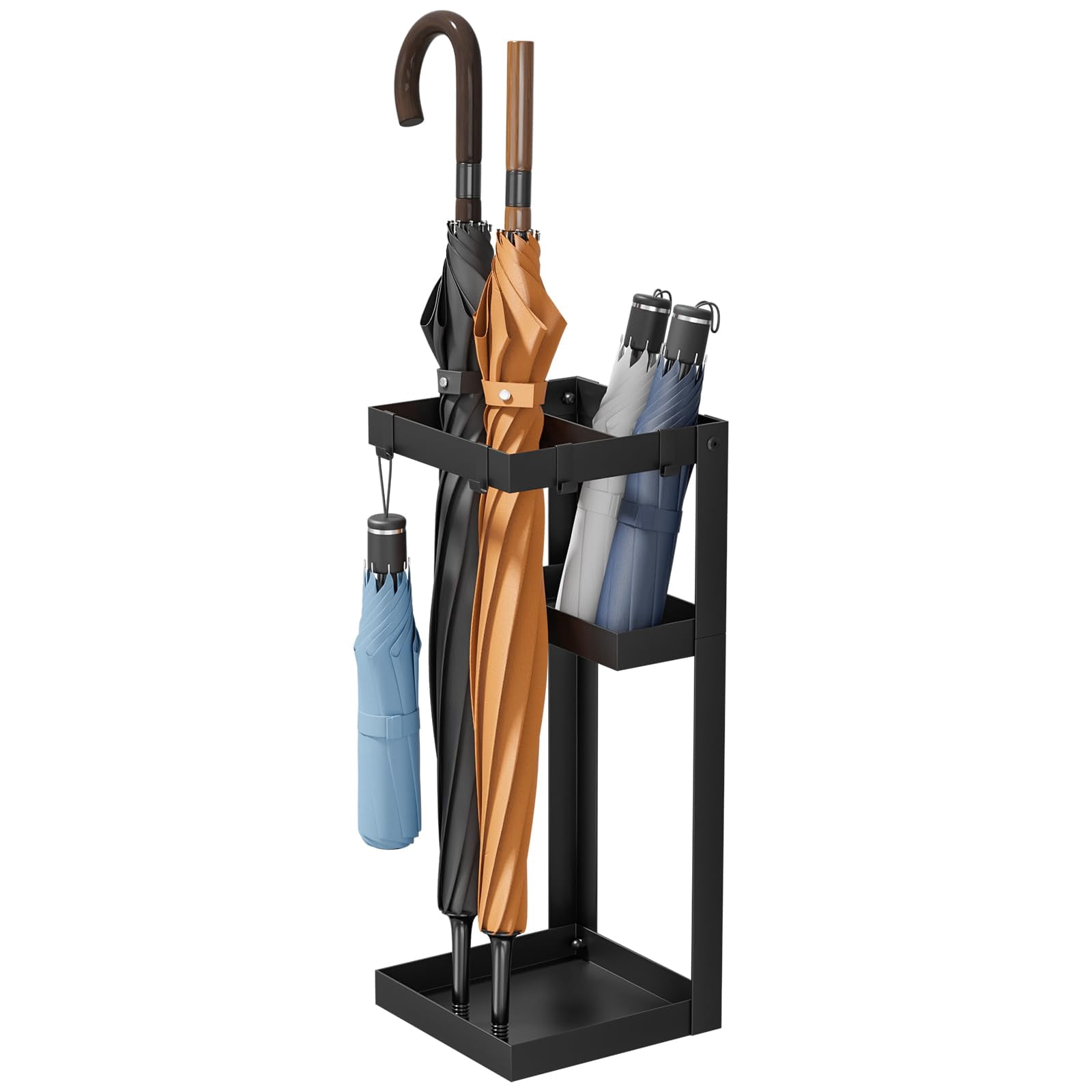 Umbrella Stand  Steel Holder Rack With Small Shelf For Entryway Office 4 Hooks Black