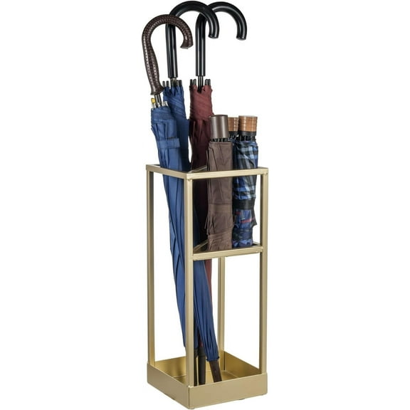 Umbrella Stand,Umbrella Holder for Entryway,20 Inch Tall Modern Brass Tone Metal Geometric Freestanding Entryway Umbrella Rack or Cane Holder with Shelf for Small Umbrellas and Bottom Drip Tray