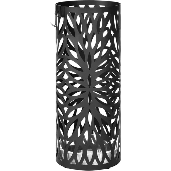 Umbrella Stand, Umbrella Holder for Entryway, Steel Round Umbrella Rack Freestanding, for Canes Walking Sticks, with a Detachable Drip Tray, 2 Long and 2 Short Hooks, Matte Black