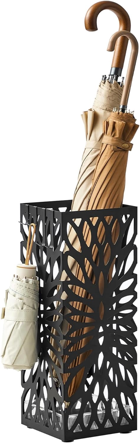 Umbrella Stand, Umbrella Holder for Entryway, Steel Square Umbrella Rack Organizer Freestanding, for Canes Walking Sticks, with a Detachable Drip Tray, 4 Hooks, Black ULUC026B33