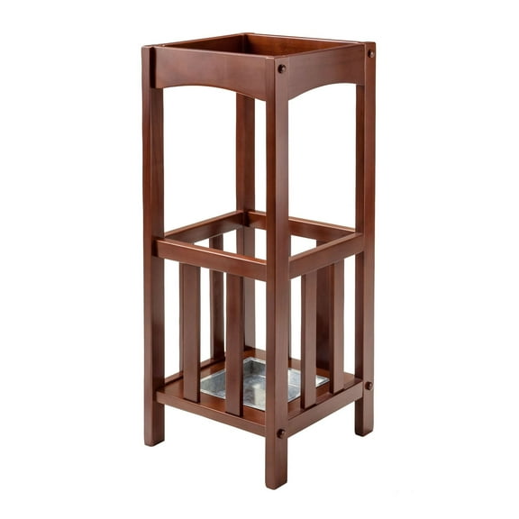 Umbrella Stand with Metal Tray, Walnut Finish - Entryway Organizer for Wet Umbrellas, 27"H