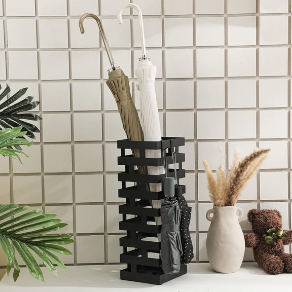 Umbrella Stands for Entryway Large Metal Umbrella Holder 6.3 x 5.5 x 16.5 Inches with Removable Water Tray and Hooks Decor Freestanding Rectangular Hollow Rack for Home Office(Black)