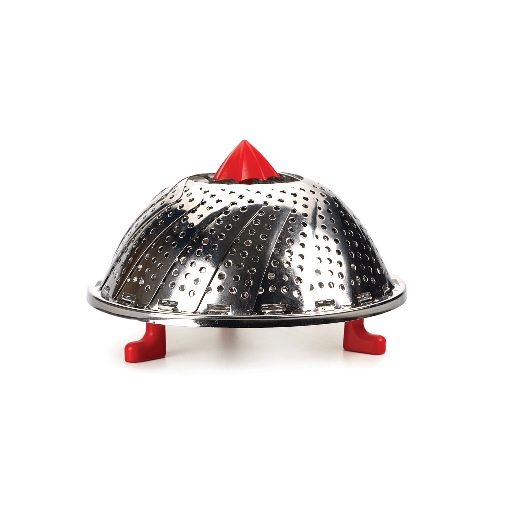 Expandable Stainless Steel Vegetable Steamer with Red Silicone Feet