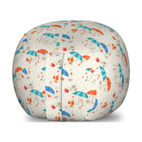 Umbrella Storage Toy Bag Chair, Cartoon Drawn Autumn Rain Related Colorful Parasols Tree Leaves Raindrops, Stuffed Animal Organizer Washable Bag, Small Size, Eggshell Multicolor, by Ambesonne