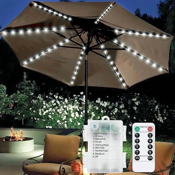Umbrella String Lights, 104 LED String Lights Waterproof Battery Garden Lights Patio Umbrella Lights with Remote Control 8 Modes Indoor/Outdoor