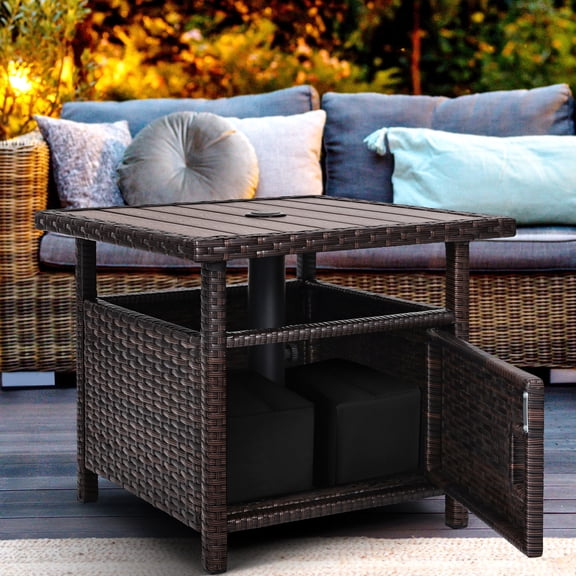 Umbrella Table with 2 Weight Bags Outdoor Patio Umbrella Side Table with Umbrella Hole Small Brown Wicker End Table for Outside Storage Coffee Table with Poly Lumber Top for Pool Garden Balcony Deck