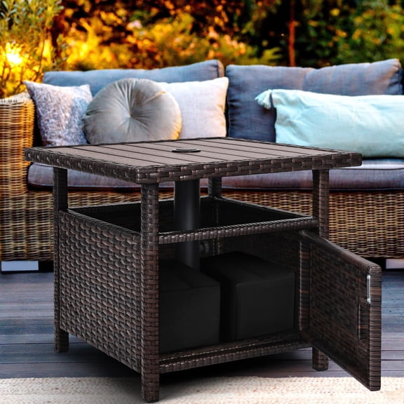 Umbrella Table with 2 Weight Bags Outdoor Patio Umbrella Side Table with Umbrella Hole Small Brown Wicker End Table for Outside Storage Coffee Table with Poly Lumber Top for Pool Garden Balcony Deck