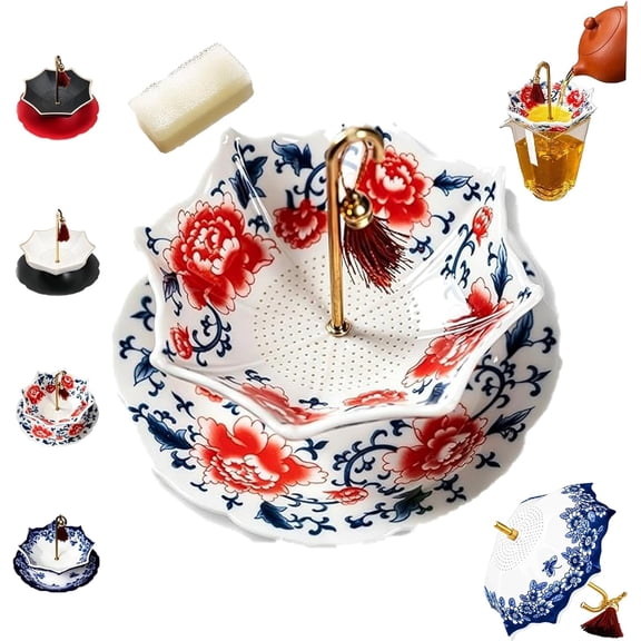 Umbrella Tea Diffuser,Umbrella Shape Ceramic Tea Strainer, Blue and White Porcelain Loose Leaf Tea Infuser with Rotating Design for Kung Fu Tea, Coffee and Brewing (A)