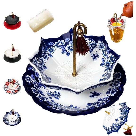 Umbrella Tea Diffuser,Umbrella Shape Ceramic Tea Strainer, Blue and White Porcelain Loose Leaf Tea Infuser with Rotating Design for Kung Fu Tea, Coffee and Brewing (B)