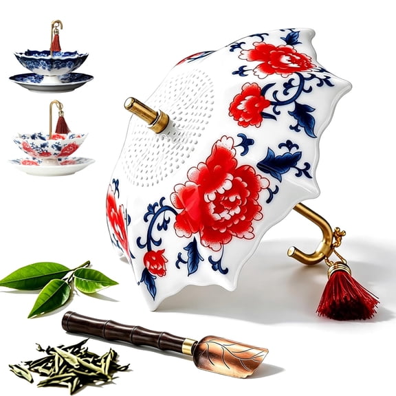 Umbrella Tea Infuser, Ceramic Tea Infuser Umbrella Shape, Blue White Porcelain Loose Leaf Tea Strainer with Base, Traditional Oriental Kung Fu Tea Diffuser