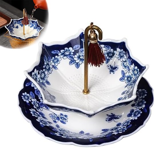 Umbrella Tea Strainer, Blue and White Porcelain Umbrella Tea Infuser Set with Tassels, Ceramic Umbrella-Tea Diffuser with Handle, for Brewing Loose Leaf (2 SetsPeony)