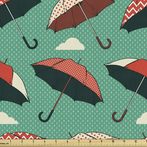 Ambesonne Umbrella Fabric by the Yard Upholstery, Rainy Pop Art Polka Dots, 5 Yards, Almond Green Multicolor