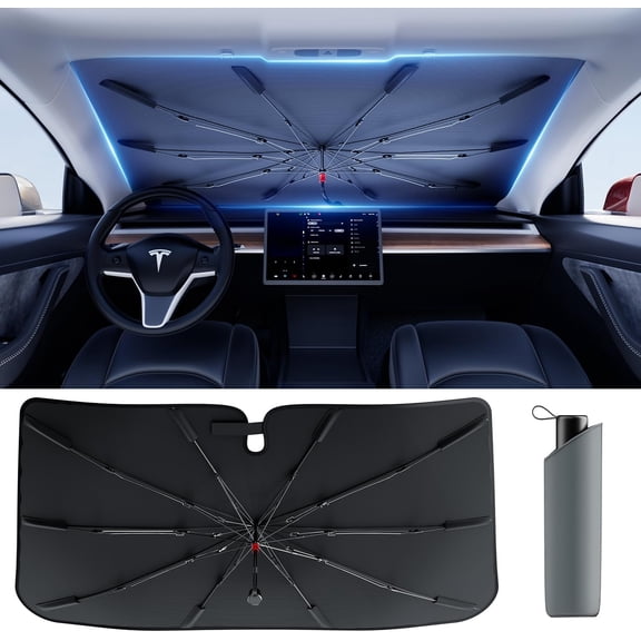Umbrella Windshield Sun Shade for Tesla New Model Y Juniper, Y & 3 (2016-2026), Car Sunshade for Front Windshield [Nano Ice-Crystal Coatings] UPF50+ Heat & UV Block, Protect Interior & Keep Cool