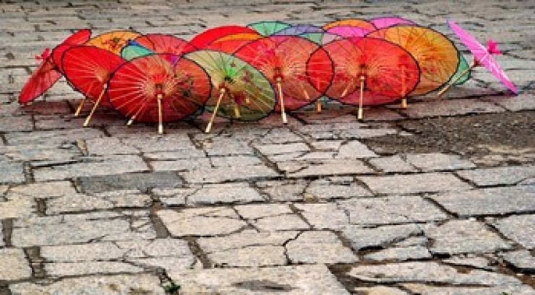 Umbrellas For Sale on the Streets of Jinan Shandong Province China Canvas Art - Bruce Behnke DanitaDelimont (37 x 21)