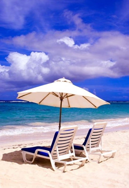 Umbrellas On Dawn Beach St Maarten Caribbean Canvas Art - Michael DeFreitas DanitaDelimont (24 x 36)