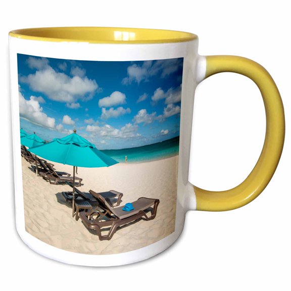 3drose, Umbrellas on Grace Bay Beach, Turks and Caicos Islands, Caribbean., 11oz Two-tone Yellow Mug