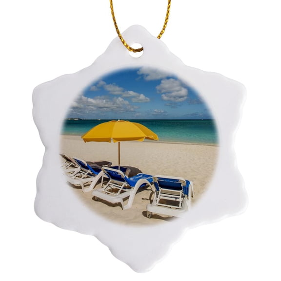 3drose, Umbrellas on Grace Bay Beach, Turks and Caicos Islands, Caribbean, 3 inch Snowflake Porcelain Ornament