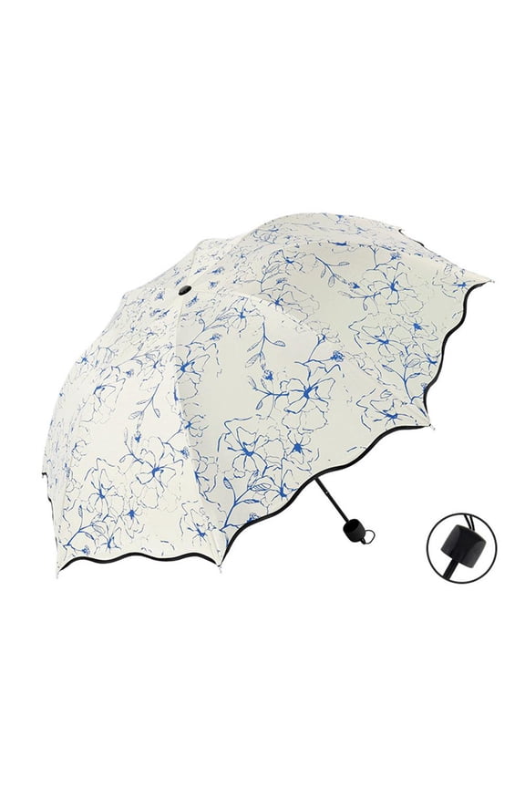 Umbrellas for Rain Folding Umbrella Anti- U V Black Coating Hibiscus FlowerUmbrella Princess Girl Fashion Wave Edge Sunshade Travel Umbrella Fits Car & Backpack