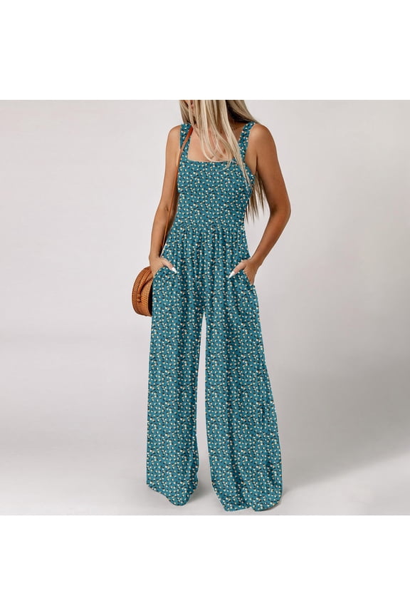 Umbreon Blue Jumpsuits for Women Casual Loose Overalls Sleeve Less Printed Wide Leg Long Pant Rompers Beach Vacation Clothes for Women With Pockets
