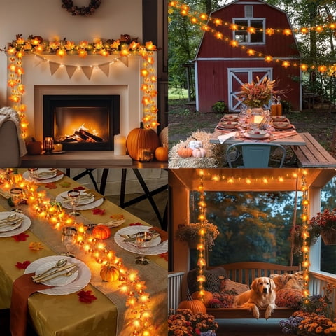 FAMTKT Halloween Fall Decor Fall Garland with Pumpkin Lights & Maple Leaves String Lights Pumpkin Decor, Fall Lights Battery Operated Thanksgiving Fall Decorations for Home Indoor Outdoor (59 in)
