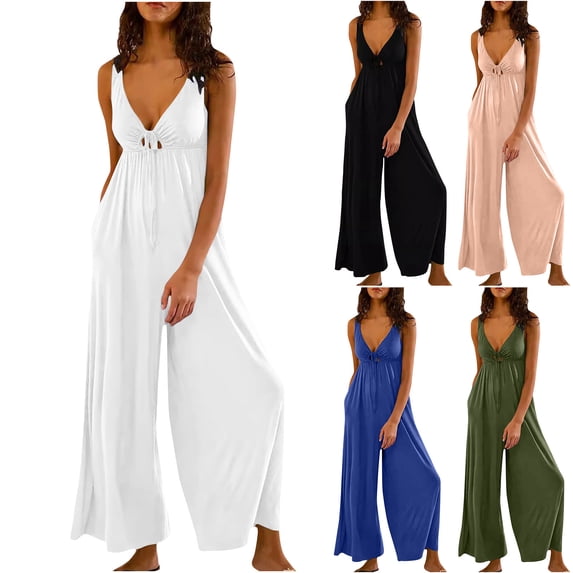 Kctiaxy Jumpsuits for Women Summer Sleeveless Solid Color Overalls Backless Wide Leg Pants Rompers Beach Vacation Clothes for Women with Pockets