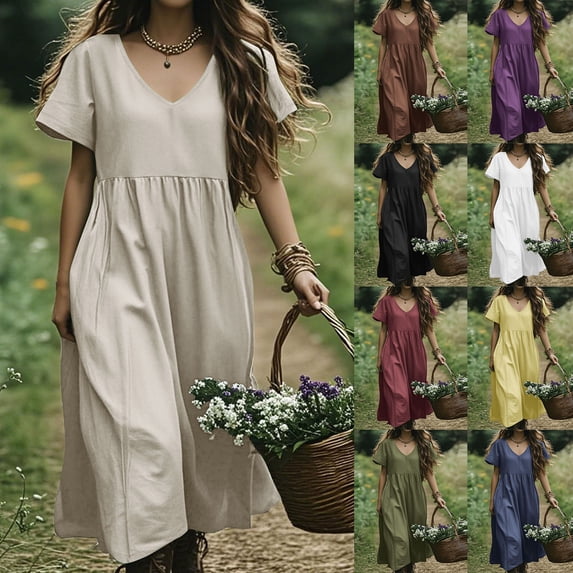 Linen Dresses for Women Short Sleeve Vintage Boho Dresses V Neck Solid Color Causal Summer Beach Vacation Maxi Dresses