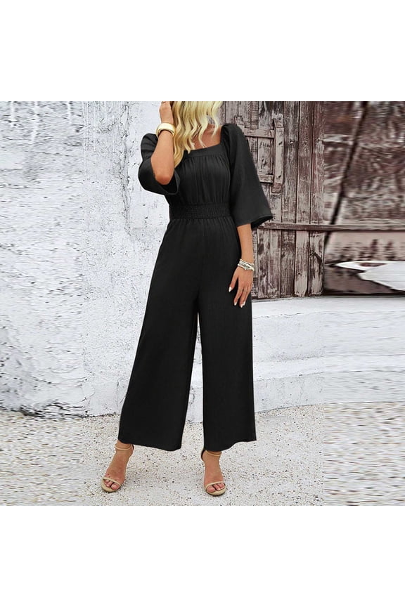 Overalls for Women 3/4 Sleeve High Waisted Jumpsuits Wide Leg Pants Rompers Casual Beach Vacation Outfits for Women