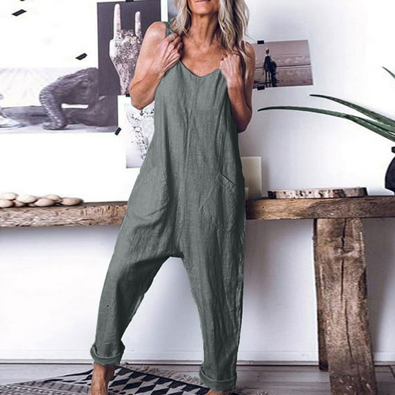 Umbreon Rompers for Women Strap Sleeve Less Long Cotton Linen Jumpsuits Solid Color Loose Casual Fashion Summer Clothes with Pockets