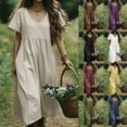 thumbnail image 1 of Summer Dresses for Women Short Sleeve Cre W Neck Cotton Linen Boho Dresses Button Solid Color Causal Loose Beach Vacation Maxi Dresses with Pockets, 1 of 7