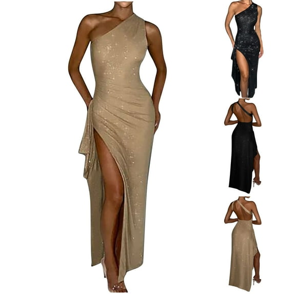 Umbreon Wedding Guest Dresses for Women Sleeve Less Slanted Shoulder Dress Solid Color Wrap Hip Elegant Split Fork Formal Evening Gowns