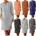 thumbnail image 1 of Umbreon Womens Linen Dresses Long Sleeve Round Neck Midi Dress Button Solid Color Summer Causal Beach Vacation Long Dresses with Pockets, 1 of 6
