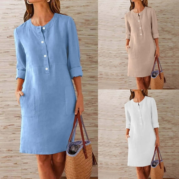 Umbreon Womens Summer Dresses Long Sleeve Round Neck Linen Dress Button Solid Color Summer Causal Beach Vacation Midi Dresses with Pockets