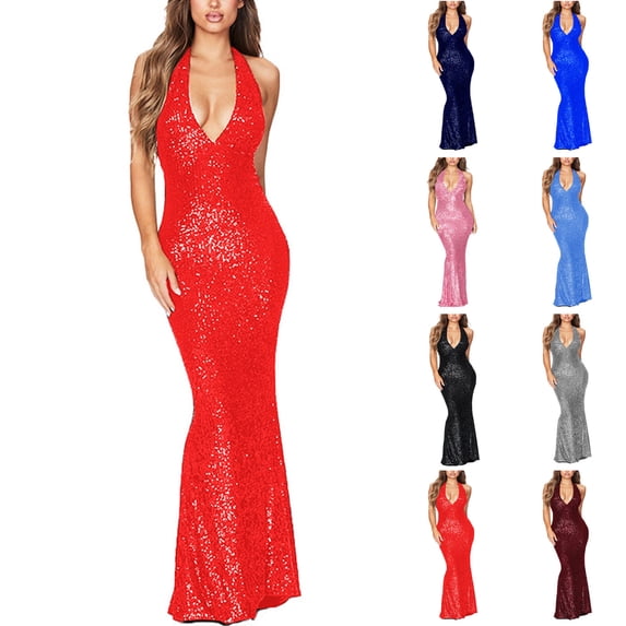 Womens Summer Dresses Sleeve Less Hang Neck Prom Dress Solid Color Back Less Elegant Maxi Dresses Formal Evening Gowns