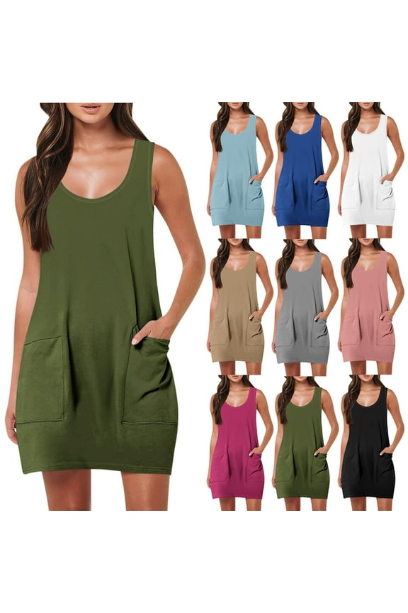 Umbreon Womens Summer Dresses Spaghetti Strap Sleeve Less Cre W Neck Mini Dress Solid Color Versatile Beach Vacation Sundress Fashion with Pockets