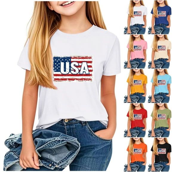 Umbreon Yellow 4th of July Toddler Girl Outfit Americas Flag Short Sleeve Shirt Independence Day Patriotic Tee Tops