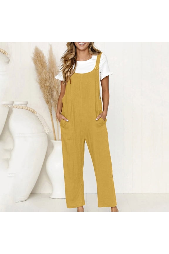 Yellow One Piece Jumpsuits for Women Buttoned Cotton Linen Rompers Strap Sleeve Less Solid Color Overalls Casual Loose Fashion Dresses with Pockets