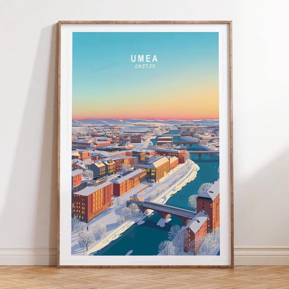 Umea Sweden Minimalist Cityscape Travel Poster Wall Art V2, Unframed Paper Print Size 8x12