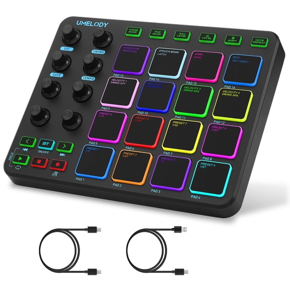 Umelody JP-1 Wireless MIDI Pad Controller with 16 RGB Drum Pads, 8 Assignable Knobs, USB-C & MIDI Out, Beat Maker for Music Production, Finger Drumming, DAW Recording, Windows Mac iOS Android
