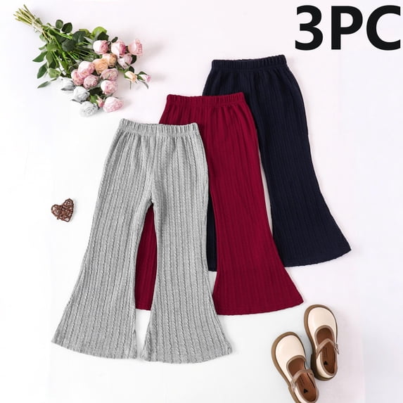 Umfun 3-Pack Girls Pants Girls Cable Knit Flare Pants Elastic Waist Bell Bottom Trousers Soft Stretch Lounge Bottoms for School and Daily Outings