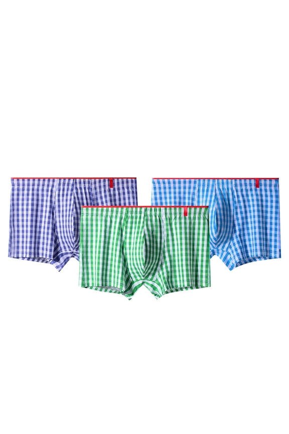 3PC Men Gingham Check Boxer Shorts Lightweight Breathable Underwear with Contrast Trim Waistband for Loungewear and Casual Wear