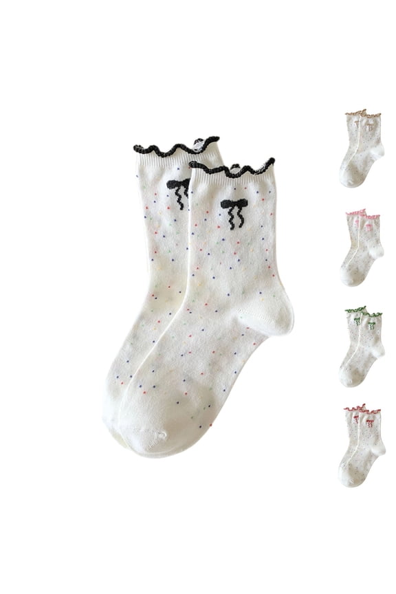5-Pack Cute Women's Ruffle Crew Socks with Bow Embroidery & Polka Dots Soft Casual Socks Trendy Scalloped Edge Socks for School and Fun Weekend Outings
