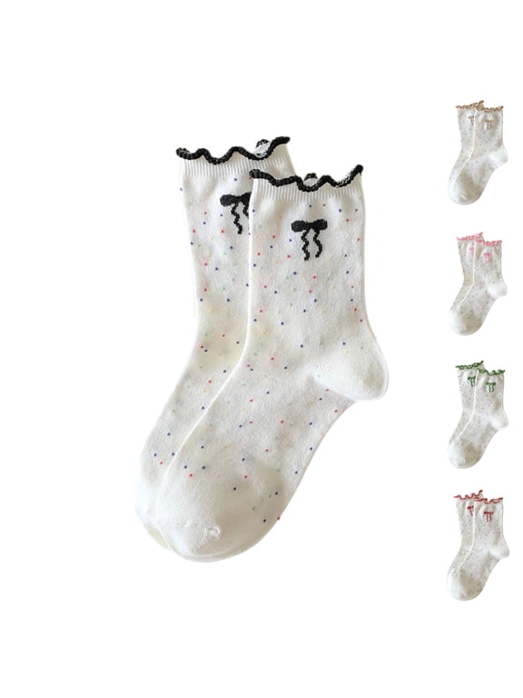 5-Pack Cute Women's Ruffle Crew Socks with Bow Embroidery & Polka Dots Soft Casual Socks Trendy Scalloped Edge Socks for School and Fun Weekend Outings