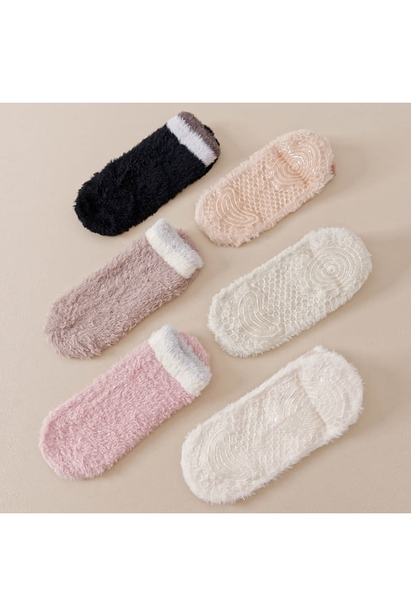 6-Pack Women's Fuzzy Anti-Slip Ankle Socks Soft Plush Low Cut Gripper Socks with Contrast Cuff Detail Perfect for Home Lounging and Gentle Yoga Exercise
