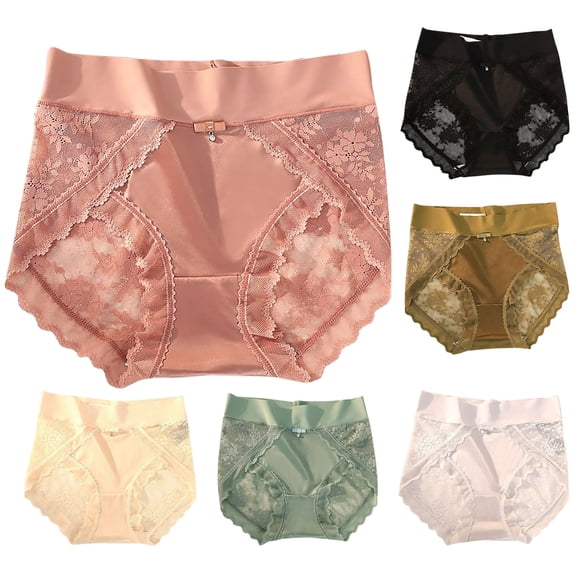 Umfun 6 Pack Women's High Waist Satin Briefs with Lace Side Panels & Bow Detail - Graced Full Coverage Panties for Comfortable Lounge & Daily Wear