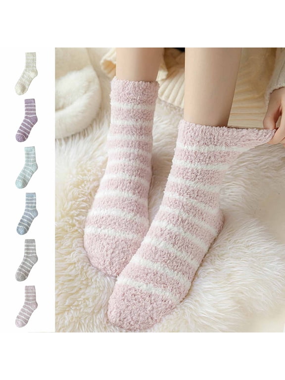 6-Pack Women's Striped Fuzzy Crew Socks Ultra-Soft Plush Winter Thermal Socks Perfect for Cozy Lounging and Cold Weather Relaxation Days