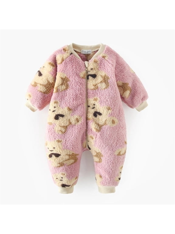 Baby Bodysuit Fleece One-Piece Romper with Zipper for Boys Girls Warm Outfit - Cute Bear Print Long Sleeve Infant Onesie Toddler