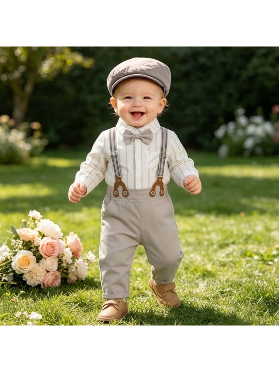 Baby Boy Formal Outfit Set - Long Sleeve Button Down Shirt with Bowtie Suspender Pants and Newsboy Cap Gentleman Photoshoot Suit for Special Occasions