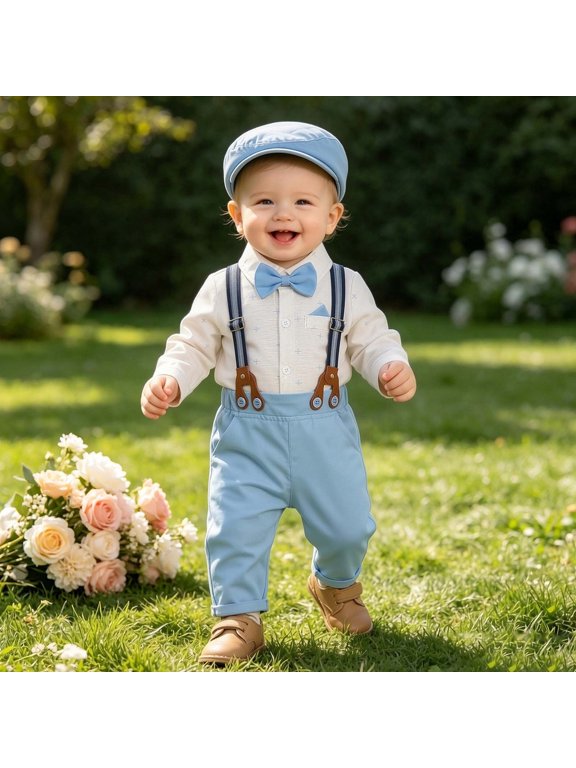 Baby Boy Formal Outfit Set - Long Sleeve Button Down Shirt with Bowtie Suspender Pants and Newsboy Cap Gentleman Photoshoot Suit for Special Occasions