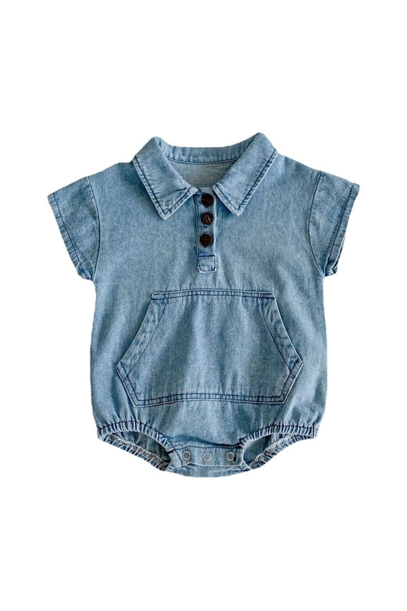 Baby Denim Turndown Collar Short Sleeve Bodysuit Button Front One-Piece Outfit for Infant